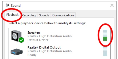 Check if your computer is sending audio to your radio, from Windows "Sound"
