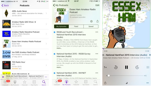 Screenshots of the Essex Ham Podcast on a smartphone