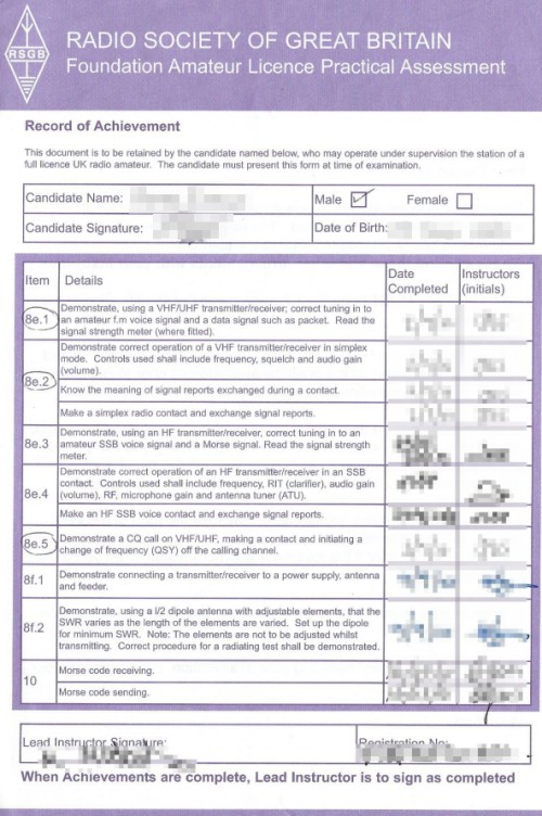 Completed Foundation Candidate Practical Assessment Record (CPAR)