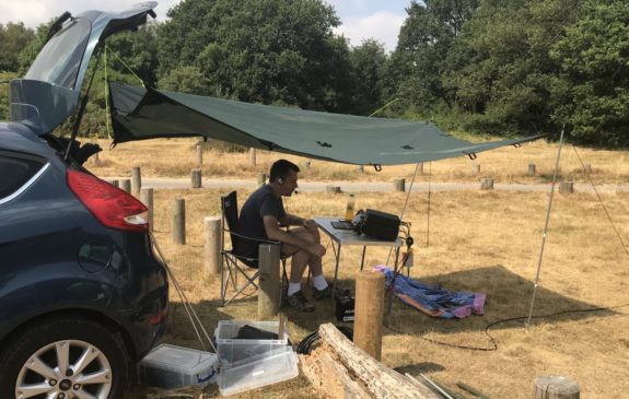 Charlie M0PZT under the shade at a hot Galleywood Common 08 July 18