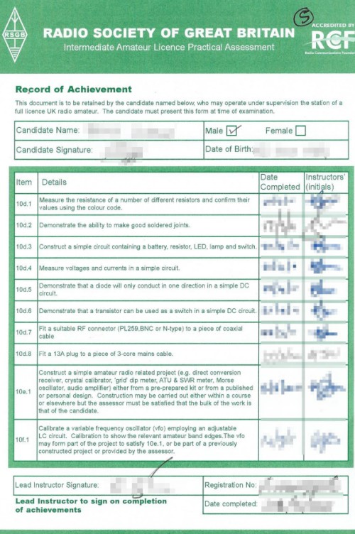 Completed Intermediate Candidate Practical Assessment Record (CPAR)