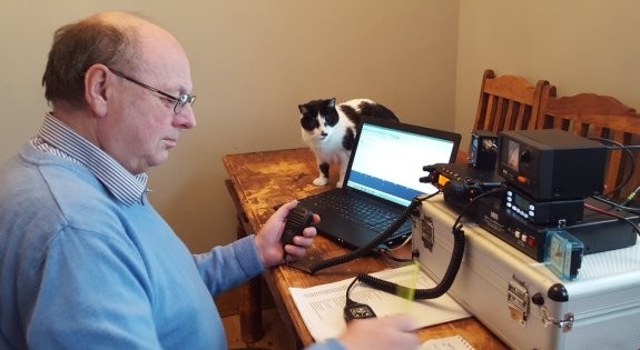 Steve 2E0UEH (and cat) working 2m for the Essex Activity Day