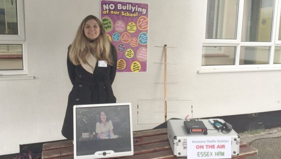 Sarah M6PSK demonstrating amateur radio at Schools Open Day 5 March 2016