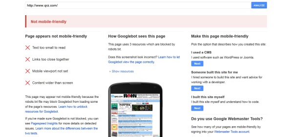 QRZ.com fails Google's new Mobile Friendly Test