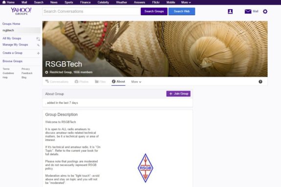 Screenshot of RSGBTech Yahoo Group Front Page (March 2017)