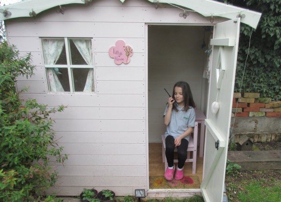 Kathryn in her pink shed. Sadly no licence yet, so SWL-only for SAGHOTA