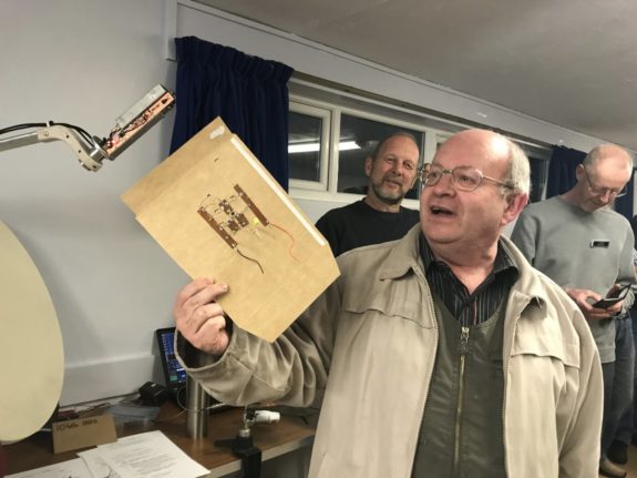 Mike G4NVT with a cardboard-mounted Colpitts oscillator