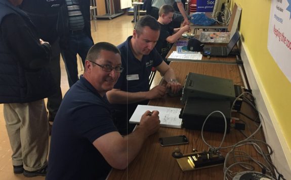 Dean and Rob running a live CW station at the May 2016 Skills Night