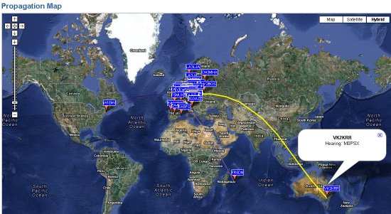 WSPR Map, showing a 10 watt transmission from Essex