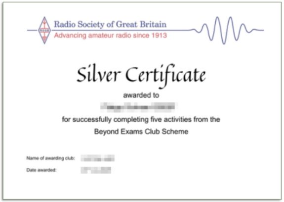 Example of RSGB Beyond Exams Club Scheme Certificate